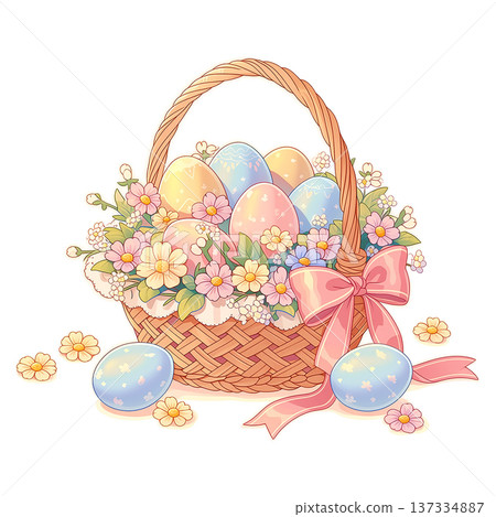 Colorful easter eggs in a basket with flowers and a ribbon for spring celebrations 137334887