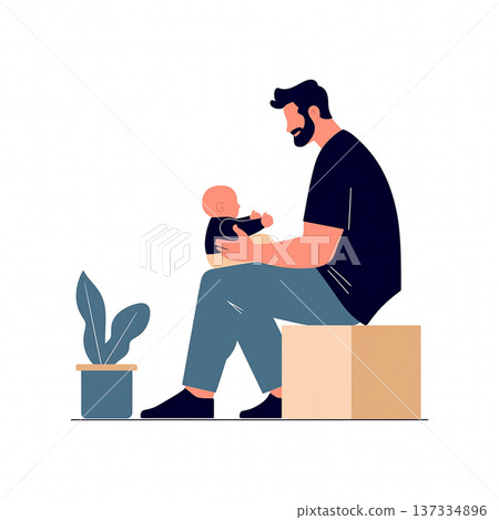 Father feeds baby while sitting on a box next to a potted plant indoors Father feeds baby while sitting on a box next to a potted plant indoors 137334896