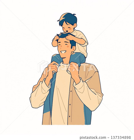 Father and son enjoy time together with the boy on the father's shoulders in a joyful setting during daylight Father and son enjoy time together with the boy on the father's shoulders in a joyful setting during daylight 137334898