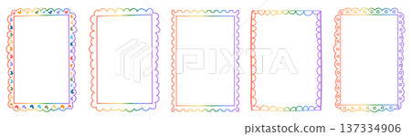 Set of retro whimsical rainbow gradient frames with hand-drawn scalloped and stamp edges. Playful multicolored borders with doodle squiggles and hearts for LGBT pride labels, cards, and stationery. 137334906
