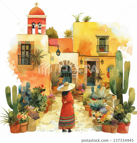 Woman in a large hat walks through a colorful courtyard with plants and buildings during the day Woman in a large hat walks through a colorful courtyard with plants and buildings during the day 137334945
