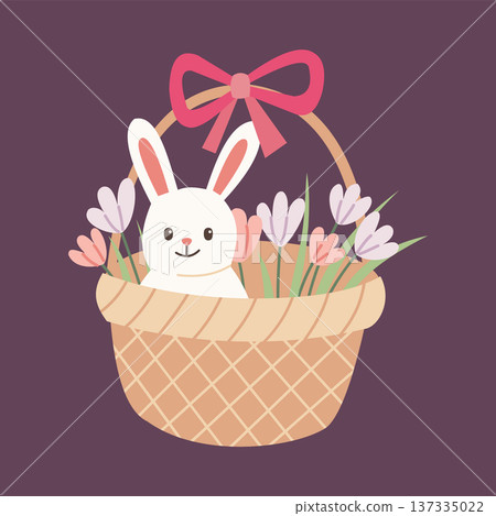 Easter bunny in basket vector illustration. Cute flat rabbit with spring flower decoration. Holiday element for greeting card, nursery decor and sticker design. 137335022