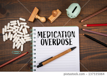 Medication Overdose Concept With Pills Notebook And Desk Objects Medication Overdose Concept With Pills Notebook And Desk Objects 137335064