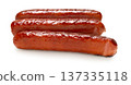 Appetizing fried sausages close-up on a white isolated background 137335118