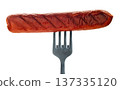 Appetizing sausage on a fork, isolated on white background 137335120
