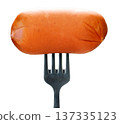 Appetizing sausage on a fork, isolated on white background 137335123