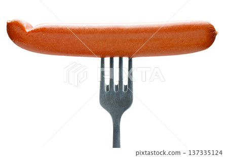 Appetizing sausage on a fork, isolated on white background Appetizing sausage on a fork, isolated on white background 137335124