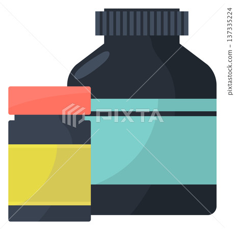 Drug bottles color icon. Medical treatment and supplement containers Drug bottles color icon. Medical treatment and supplement containers 137335224