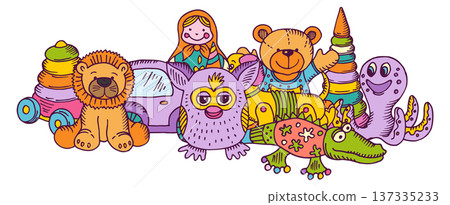 Toy pile hand drawn sketch. Color kid game Toy pile hand drawn sketch. Color kid game 137335233