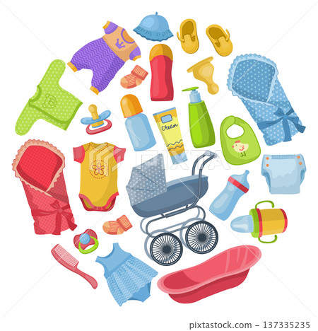 Baby things concept. Color child stuff icons Baby things concept. Color child stuff icons 137335235