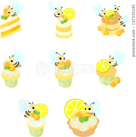 This is an illustration set of sweet desserts decorated with round honey jelly and marshmallow bees. This is an illustration set of sweet desserts decorated with round honey jelly and marshmallow bees. 137335245