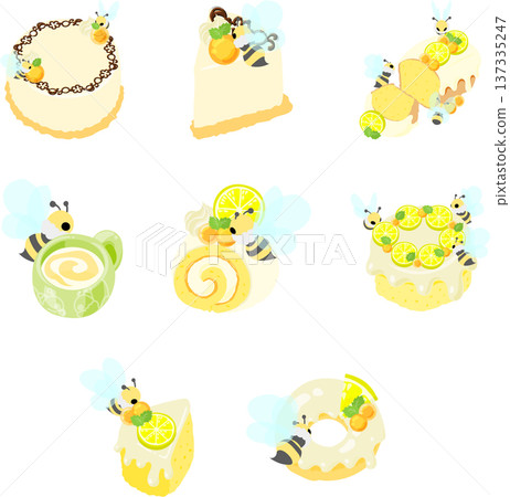 This is an illustration set of sweet desserts decorated with round honey jelly and marshmallow bees. This is an illustration set of sweet desserts decorated with round honey jelly and marshmallow bees. 137335247