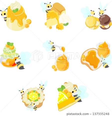 這是一組以圓形蜂蜜果凍和棉花糖蜜蜂裝飾的甜點插圖。 137335248