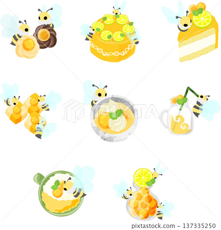 這是一組以圓形蜂蜜果凍和棉花糖蜜蜂裝飾的甜點插圖。 137335250
