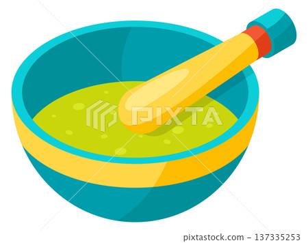 Green medical mixture in mortar with wooden pestle preparation 137335253