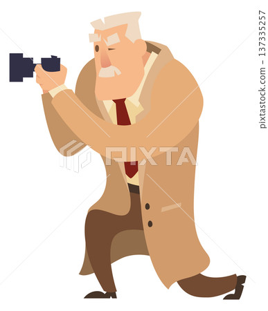 Private investigator make photo with vintage camera. Spying character Private investigator make photo with vintage camera. Spying character 137335257