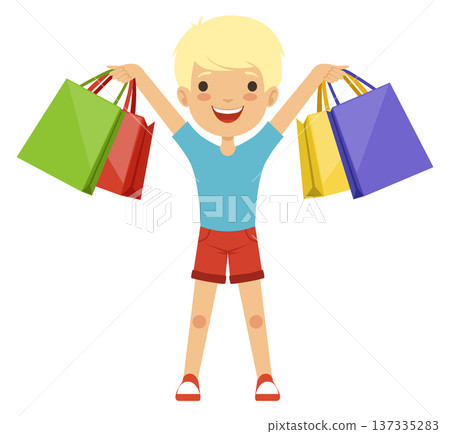 Happy kid with shopping bags. Child store sale 137335283