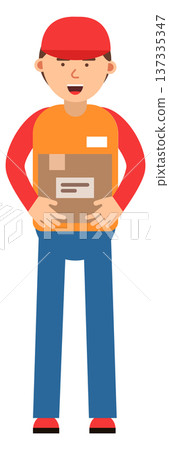 Cheerful courier hold cardboard box cartoon character Cheerful courier hold cardboard box cartoon character 137335347