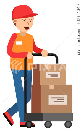 Storage worker push warehouse trolley with paper boxes Storage worker push warehouse trolley with paper boxes 137335349