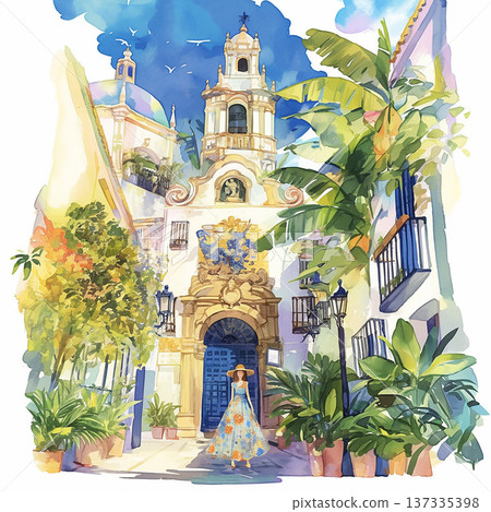 Colorful garden scene with a woman walking in a charming courtyard in a Spanish town under a bright blue sky Colorful garden scene with a woman walking in a charming courtyard in a Spanish town under a bright blue sky 137335398