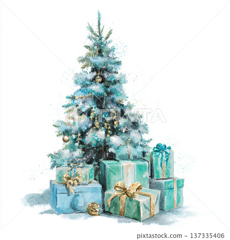 Christmas tree with wrapped gifts beside it in a winter setting Christmas tree with wrapped gifts beside it in a winter setting 137335406