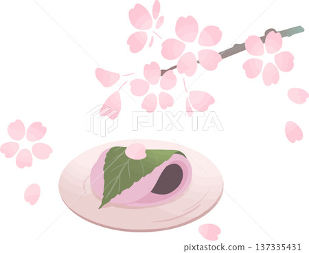 櫻花麻糬和櫻花枝的插圖。盛於盤中的日式春季甜點。扁平向量圖。 櫻花麻糬和櫻花枝的插圖。盛於盤中的日式春季甜點。扁平向量圖。 137335431
