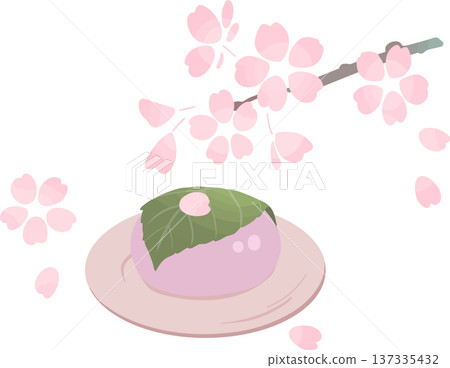 Illustration of sakura mochi and cherry blossom branches. Spring Japanese sweets on a plate. Flat vector. Illustration of sakura mochi and cherry blossom branches. Spring Japanese sweets on a plate. Flat vector. 137335432