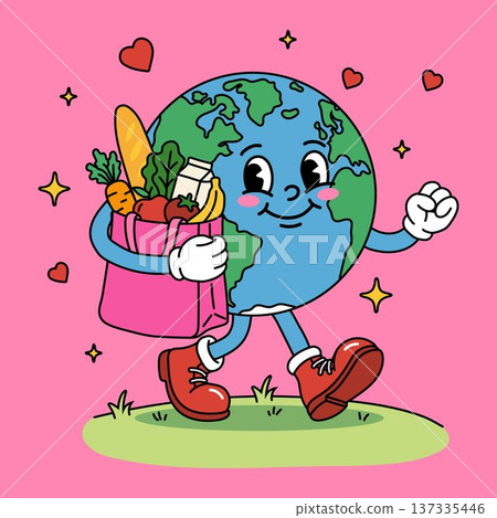 Cute Earth Character Carrying Grocery Bag with Healthy Food 137335446