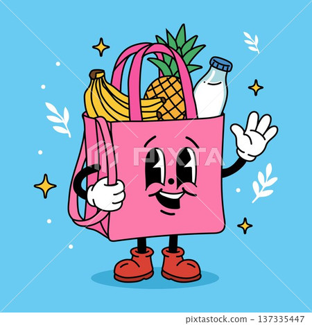 Cute Reusable Grocery Bag Mascot with Fresh Fruits 137335447