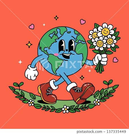 Happy Planet Earth Character with Flowers and Hearts 137335449