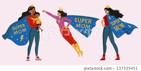 Mother Superhero with Child Super Mom Concept Mother Superhero with Child Super Mom Concept 137335451