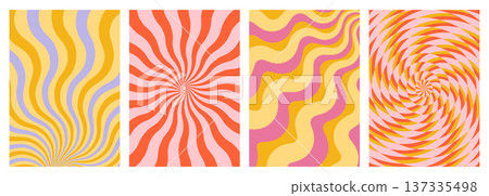 Groovy retro patterns set with psychedelic swirls 137335498