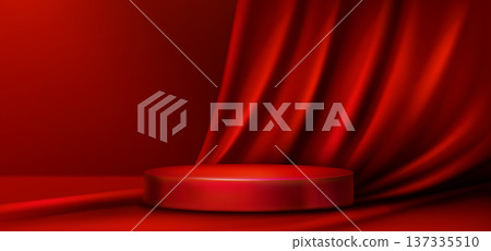 Red podium with scarlet velvet curtain frame 137335510