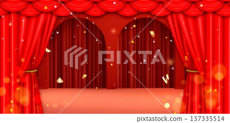 Red arch gateway, velvet curtain and confetti Red arch gateway, velvet curtain and confetti 137335514