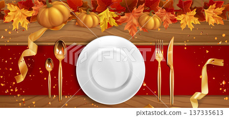 Thanksgiving dinner table setting top view 137335613