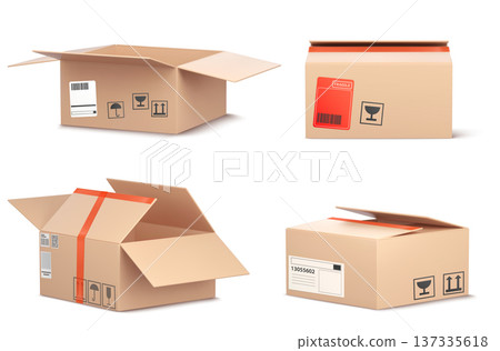 Realistic 3D cardboard open box mockup, red tape Realistic 3D cardboard open box mockup, red tape 137335618
