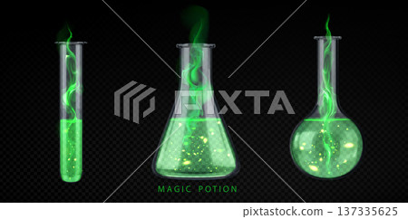 Magical potion elixir bottle, glowing green smoke Magical potion elixir bottle, glowing green smoke 137335625