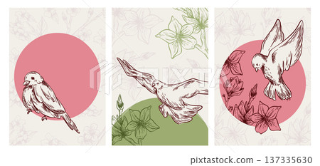 Collection of spring cards with birds and flowers 137335630