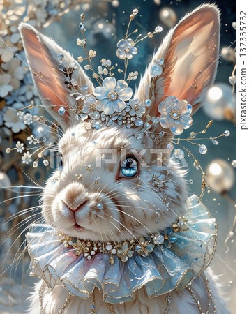 A portrait of a rabbit wearing a blue light flower crown. A fantastic fantasy bridal 137335732