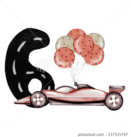 A watercolor racing car with a number card composition. Hand-drawn car template on a white background. Perfect for a racing-themed child's birthday party. A watercolor racing car with a number card composition. Hand-drawn car template on a white background. Perfect for a racing-themed child's birthday party. 137335797