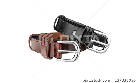 Black and Burgundy Leather Belts with Silver Buckles on White Background Black and Burgundy Leather Belts with Silver Buckles on White Background 137336056