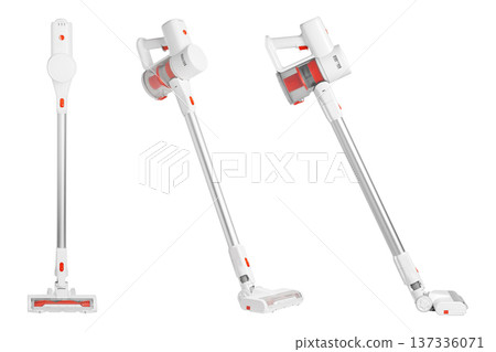 Set Modern cordless vacuum cleaner isolated on white background. Wireless handheld device for home 137336071