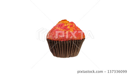 Freshly baked muffin with pink sugar sprinkles isolated on white background. Sweet cupcake dessert. 137336099