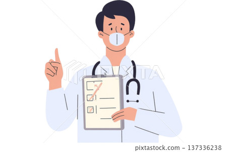 Illustration of a doctor wearing a mask holding a medical questionnaire and explaining, health checkup and vaccination information 137336238