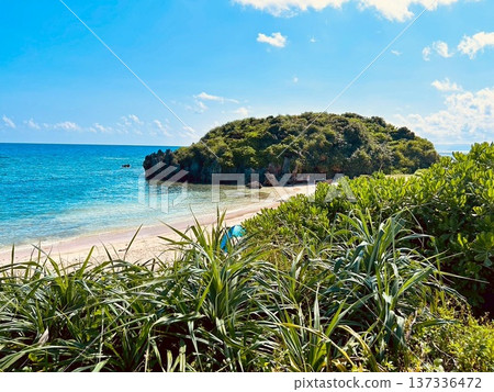Beautiful peach scenery of a small tropical island with blue sea Beautiful peach scenery of a small tropical island with blue sea 137336472