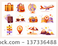 Travel set with passport, globe, air ticket, camera, plane, sunglasses, credit card, backpack, wallet, suitcase,location icon and spf cream. Adventure, tourism, vacation, trip. Vector. 137336488