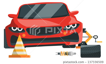 Car tyre change cartoon icon. Garage workshop service 137336509
