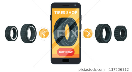 Tire shop app. Phone screen with car wheel icon Tire shop app. Phone screen with car wheel icon 137336512