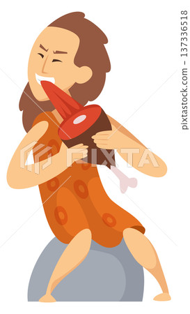Cave woman eat raw meat. Ancient character 137336518