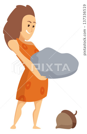 Ancient woman gather and break nuts. Prehistoric cartoon character 137336519